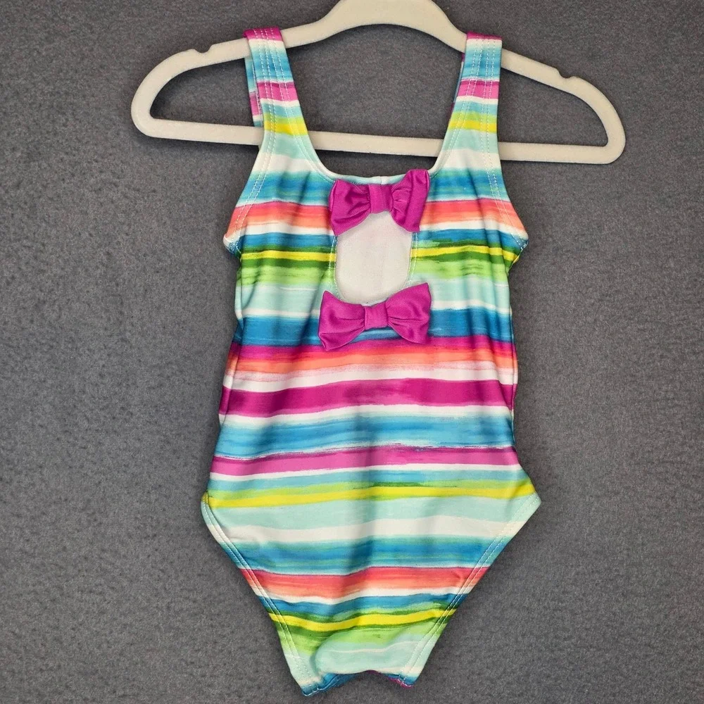 Gymboree Girls Rainbow Striped Fish One‎ Piece Swimsuit 6-12M Bow Back